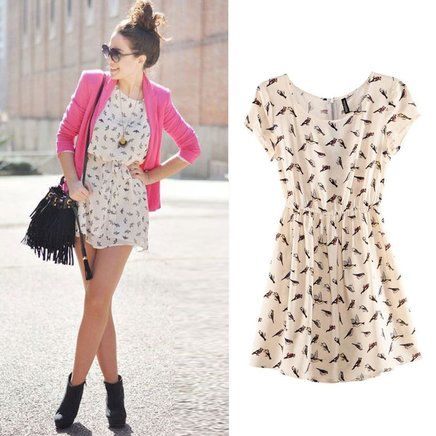Vestido Estampado com Pássaros