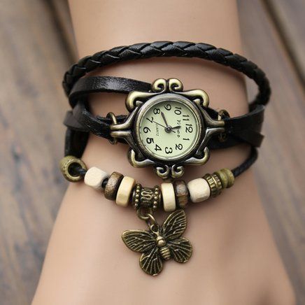 Relógio Vintage Pulseira com Pingente de Borboleta